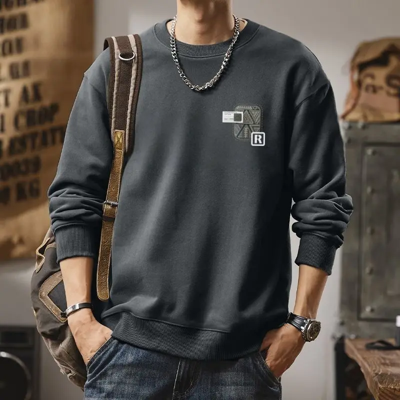 

Cotton Sweatshirt Men's Autumn Winter Trendy Round Neck Trendy Brand Printed Long-sleeved Loose Bottoming Casual Tops Versatile