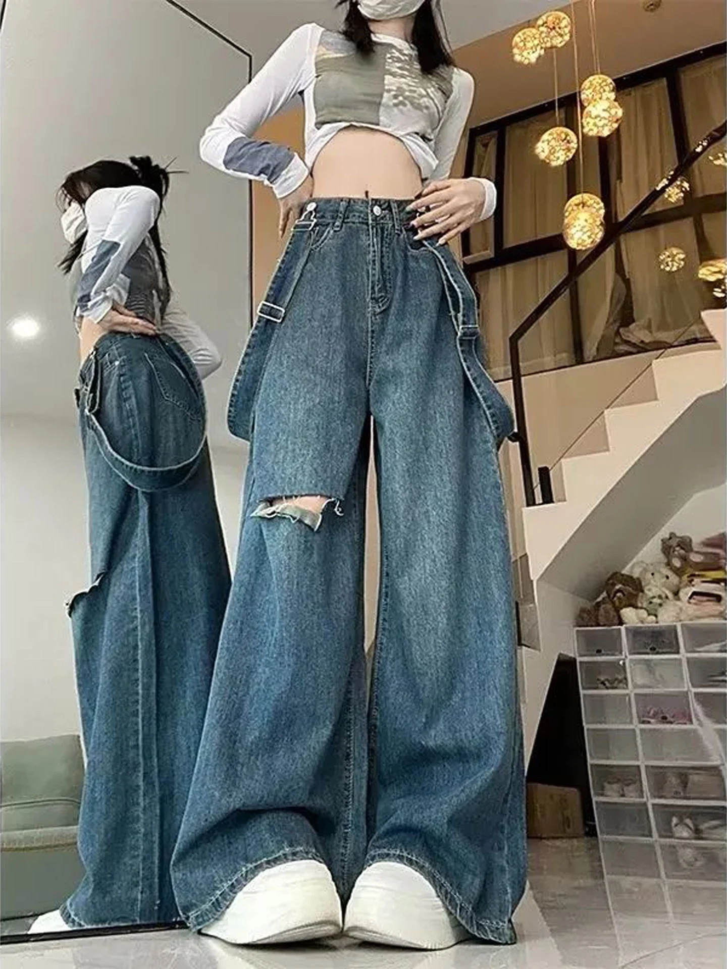Fashionable High Waist Wide Leg Denim Overalls Women's Korean Style Washed Detachable Design Casual Summer Jeans Pants