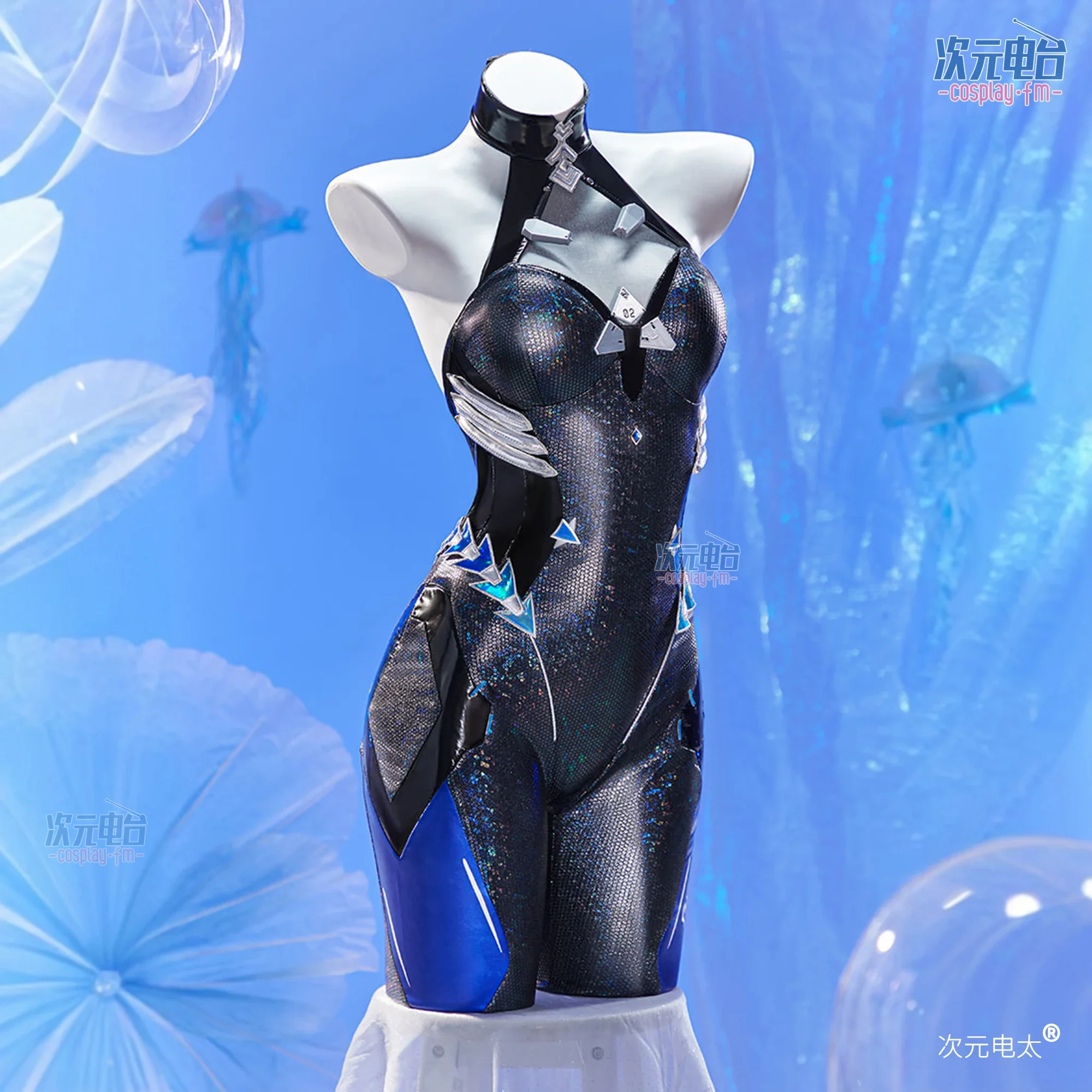 Jumpsuit Kulit Seksi Elastis dengan Headwear, Kostum Pesta Karnaval Halloween, Pakaian Anime Nikke Little Mermaid Cosplay untuk Wanita