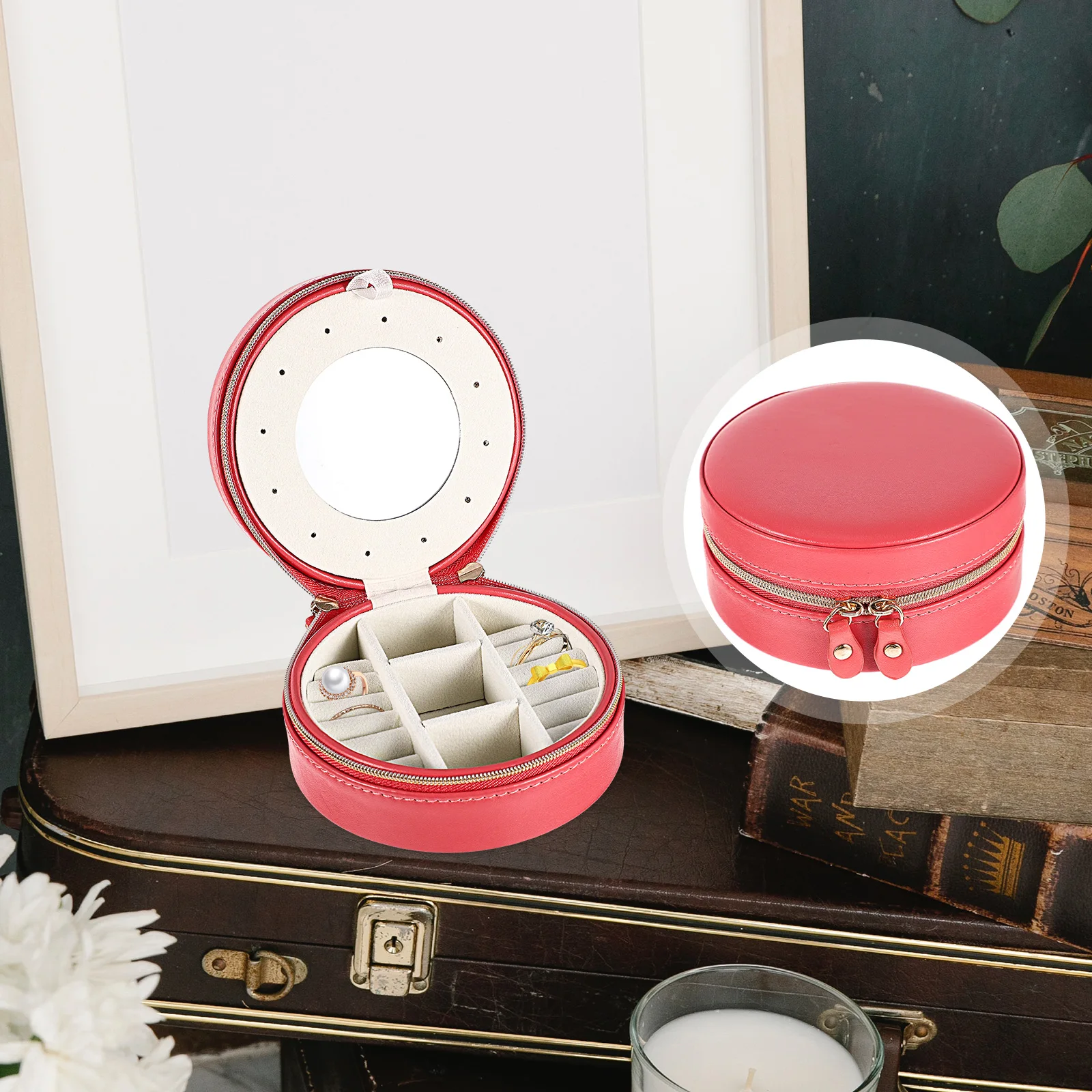 

Portable Jewelry Storage Box Pu Travel Jewelry Case 10 Slots 3 Compartments Lightweight Compact Round Desktop Organizer