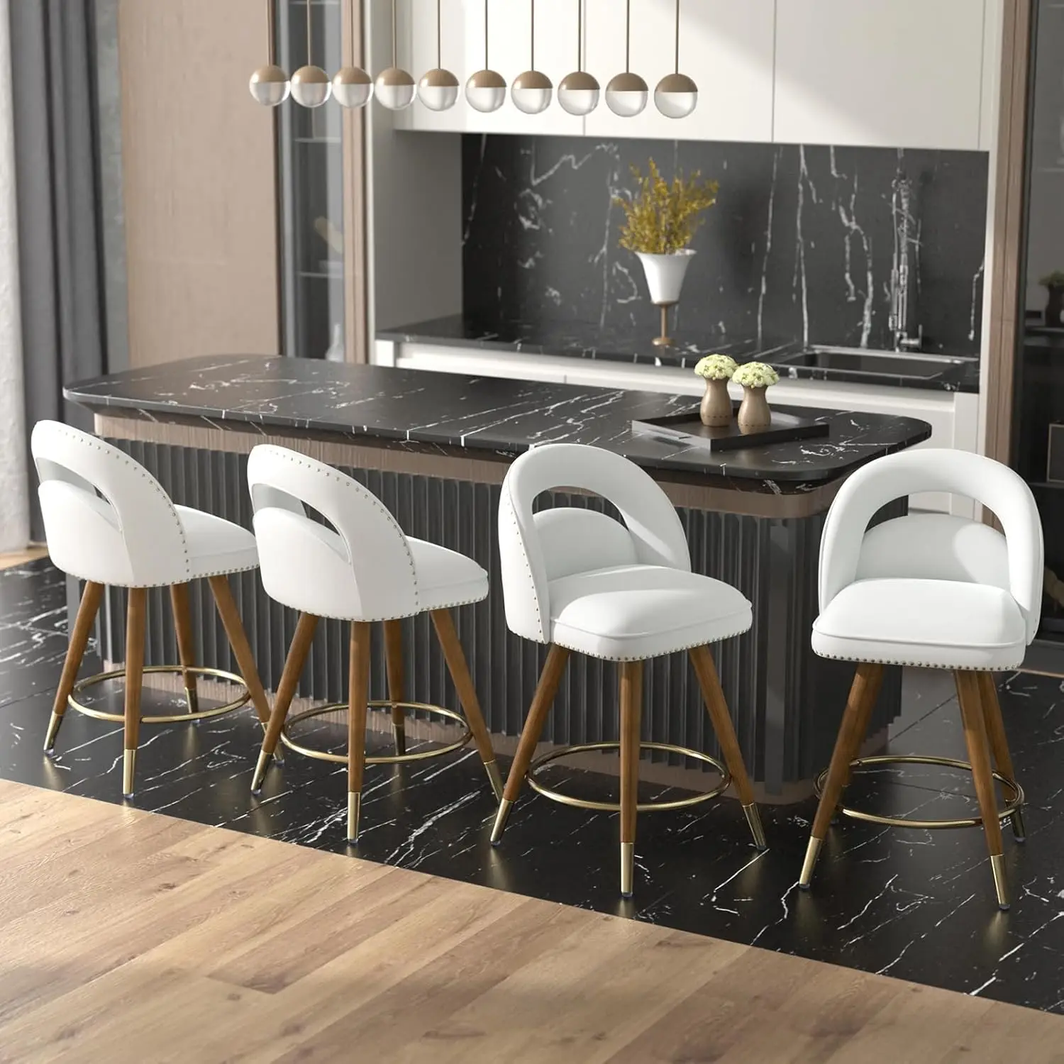 

Набор из 4 барных стульев для кухонного острова, высота 61 см, поворотные, со спинками, ножки из массива дерева, на заказ