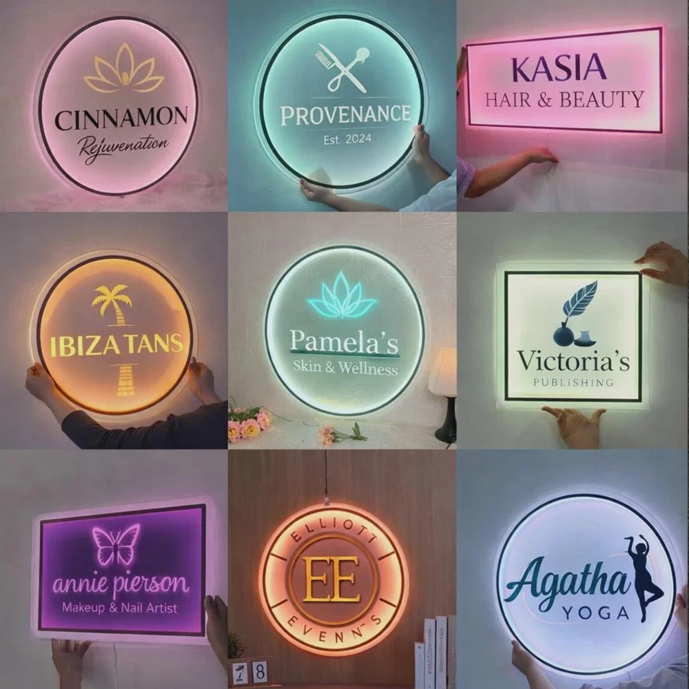 3D Acrylic Salon Sign Round Business Logo Sign Custom Backlit Sign Light up Spa Sign LED Neon Acrylic Wall Signage Neon Mirror