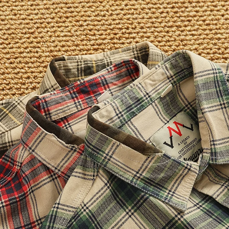 

Мужская повседневная одежда в клетку из чистого хлопка в американском стиле, индивидуальный лоскутный топ в стиле ретро, рабочая одежда, длинный свек, модный топ на пуговицах