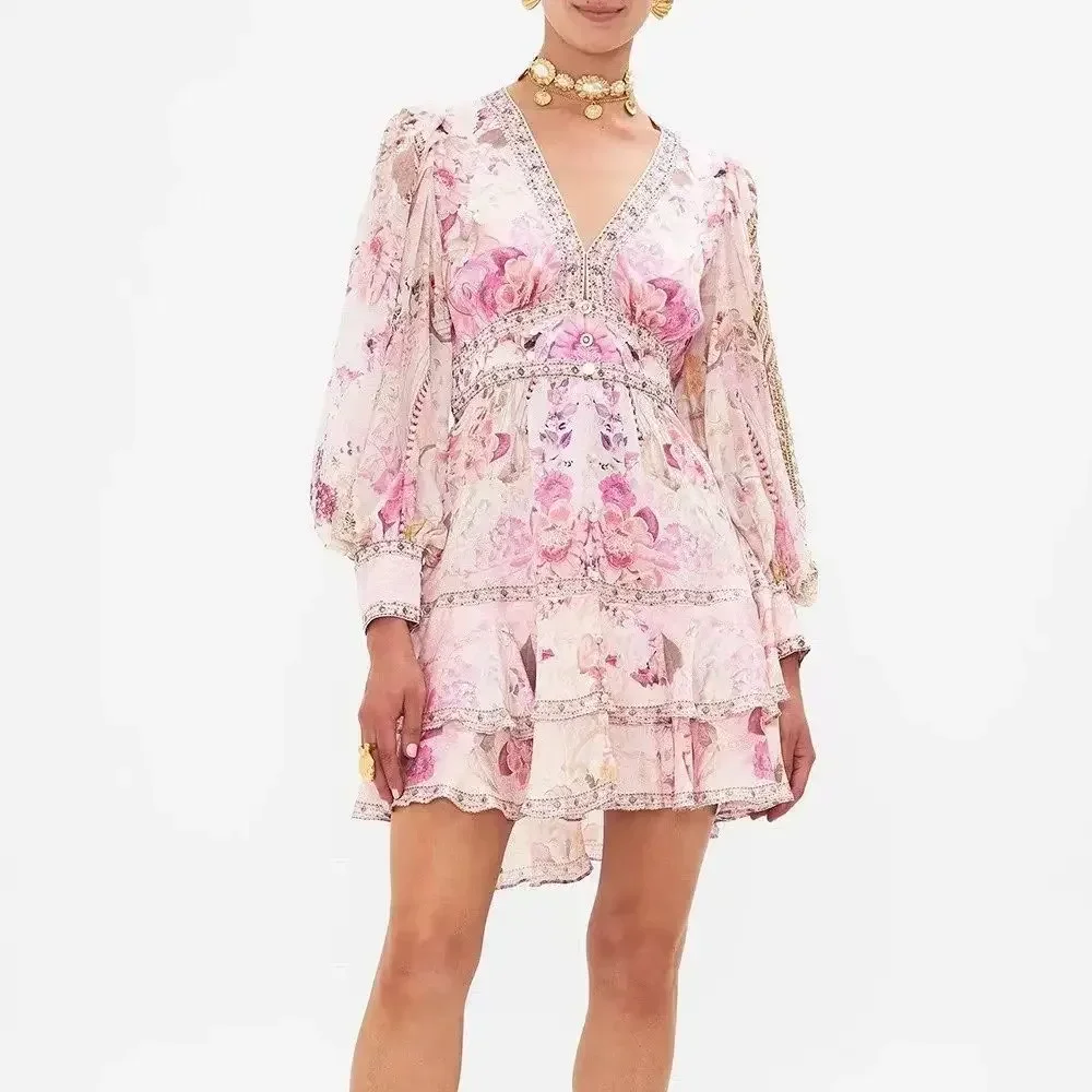 

Women V-Neck Silk Flower Print High Waist Long Sleeve Mini Dress