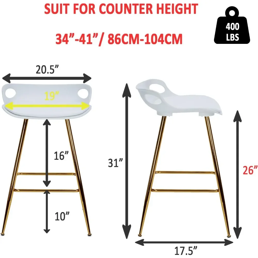 Juego de 2 taburetes dorados con altura de mostrador, asientos y reposapiés de cuero, taburetes de bar blancos de 26 pulgadas