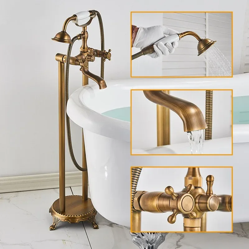 

Antique Brass Floor Mounted Bathtub Shower Faucet Dual Handle standing Bathroom Swivel Spout 150cm Hose