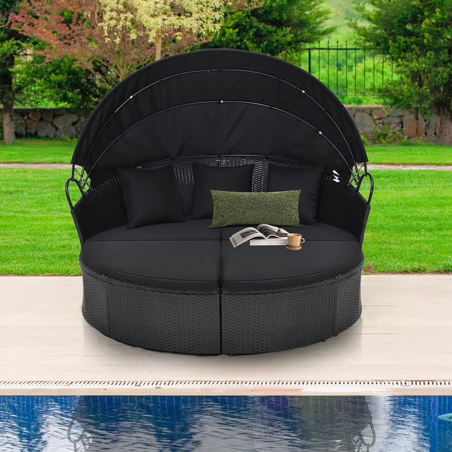 Round Rattan Daybed with Retractable Canopy, Wicker Sectional with Cushions & Pillows, Separable Seats for Patio, Customized