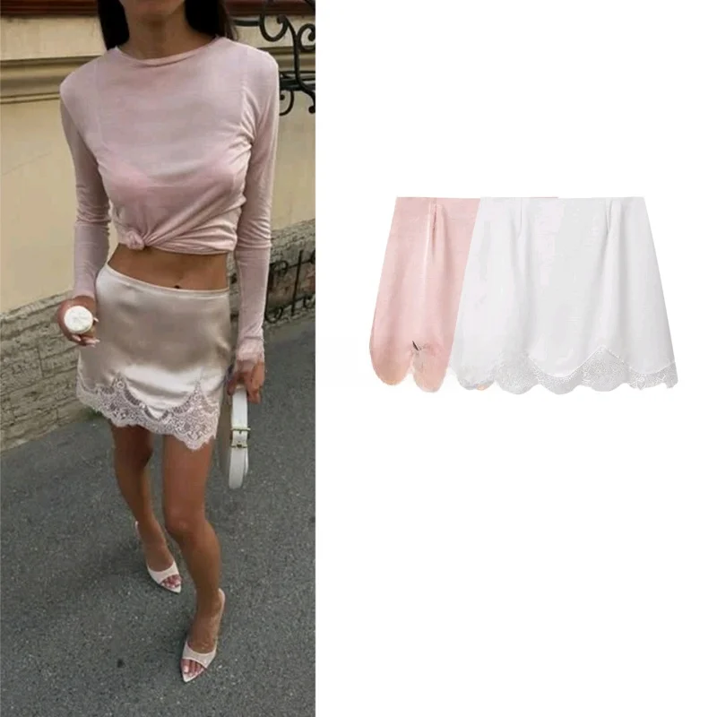 

Fall New Arrival Simple Lace Splicing Mid-Waist A-Line Skirt Women's Sweet Sle Polyester Fiber Stand Fit Bodycon Skirt