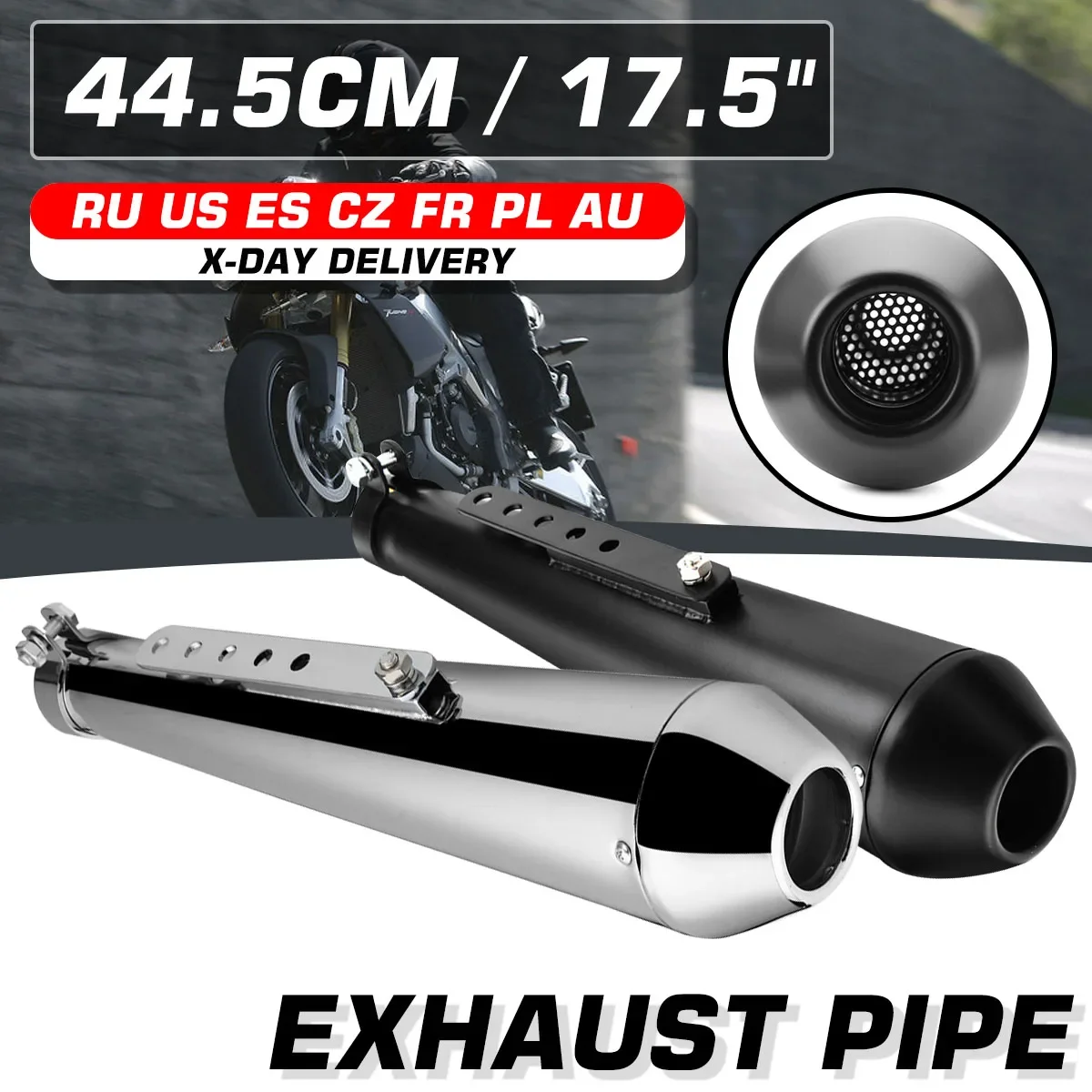 

44.5CM 17.5Inch Universal Motorcycle Cafe Racer Exhaust Mufflers Silencer Pipe With Sliding Bracket Matte Black Silver