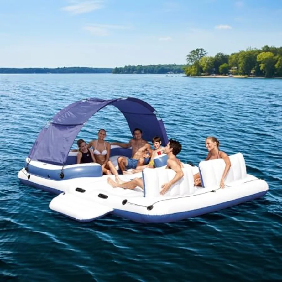 Tropical Breeze Party Island: Large 6-Person Adult Inflatable Lounger for Lake Use, PVC Material, Vibrant Blue-Green Color, Ext