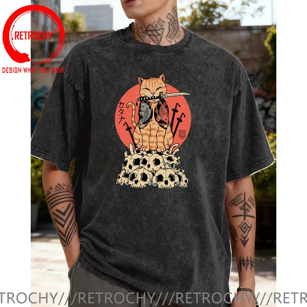 Japanese Style Cartoon Samurai Cat Vintage Washed Cotton T Shirt Men Birthday Gift Man Woman Retro Tshirt Fashion Casual T-shirt