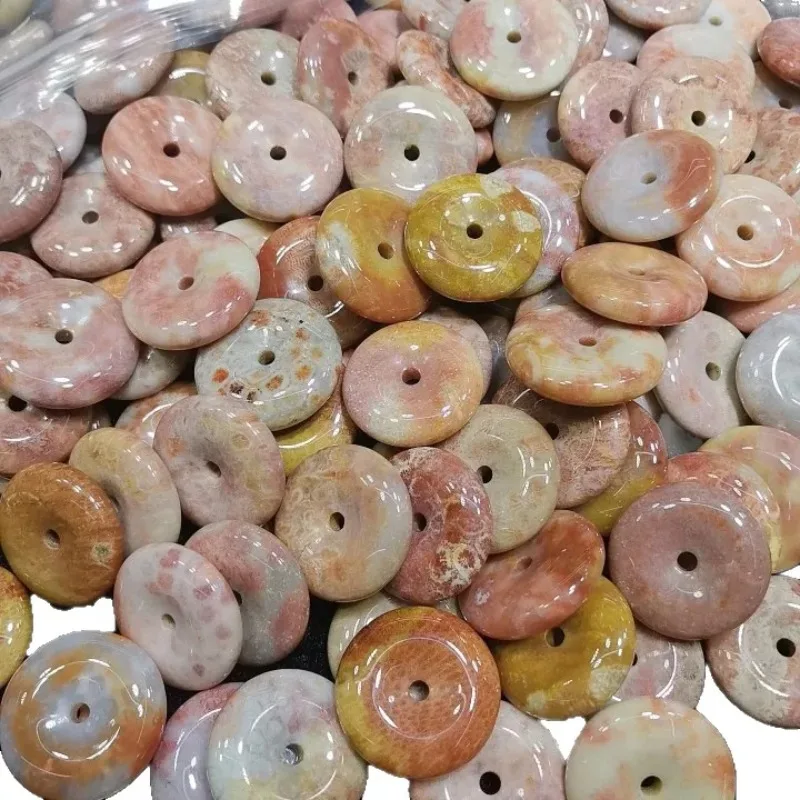 1 шт. натуральный редкий кулон-пончик из кораллового агата и кварца, текстурированный камень с узором аммонита, разнообразные цвета, для изготовления ювелирных изделий