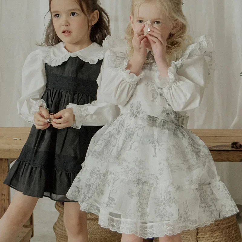 Overskirt Spring Korea Girls Children Princess Mesh Yarn Bow Knot Girls Casual Dresses 2024 Round Collar Lace Simple Sweet