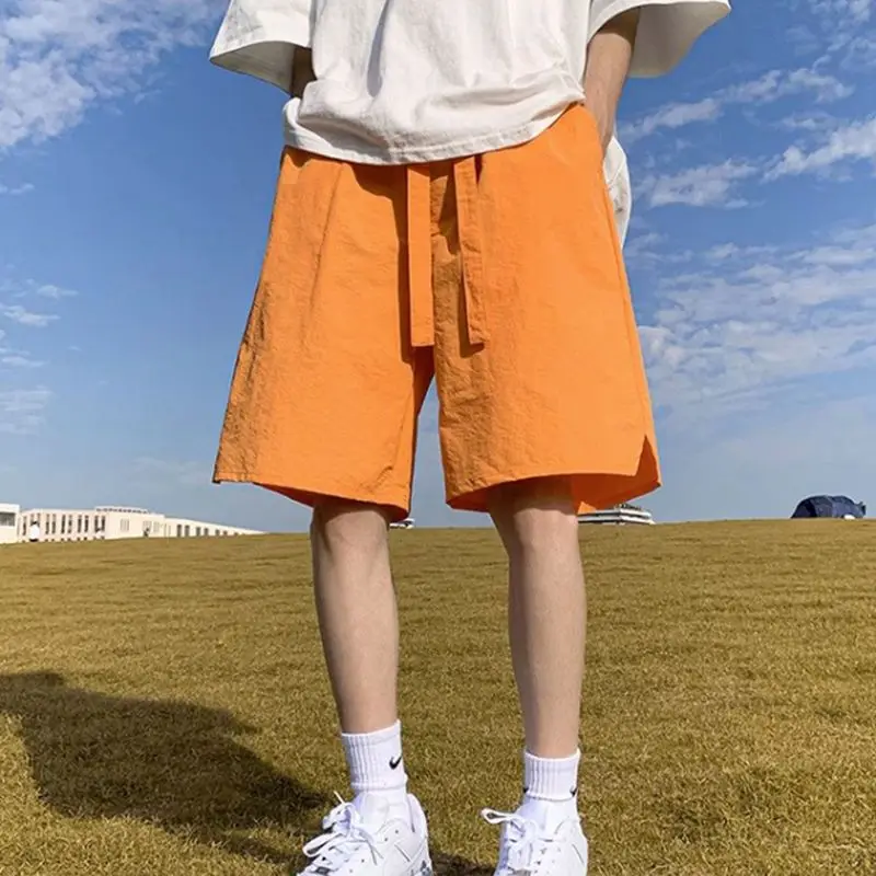 

Unisex Orange Solid Color Ice Silk Quick Dry 5-Inch Shorts Designer High Street Casual Loose Fit Comfortable Breathable Summer