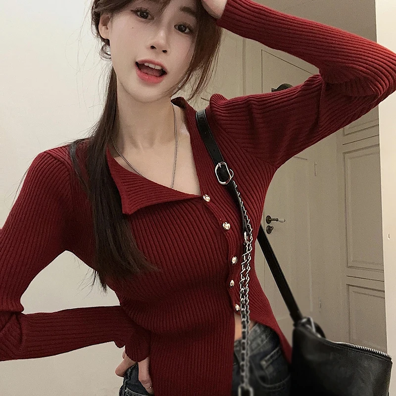 V-Neck Long-Sleeved Top Women Irregular Design Solid Color Knitted Outfit Retro Simple Short Style Slim Fitting Sexy Spring