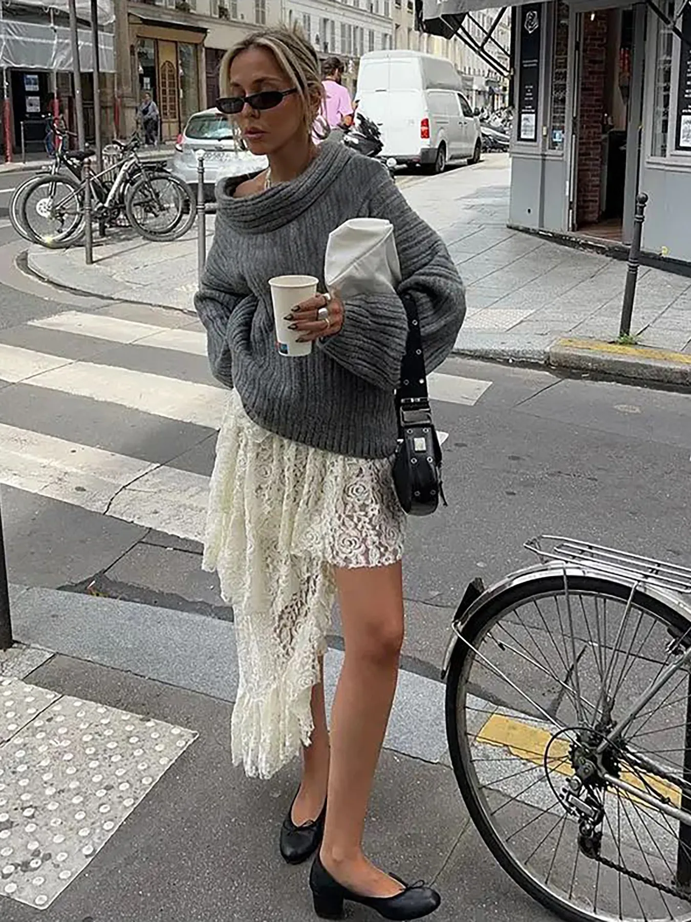 Women's Oversized Gray Off-Shoulder Cowl Neck Knit Sweater Casual Long Sleeve Pullover Comfortable Fashion Top