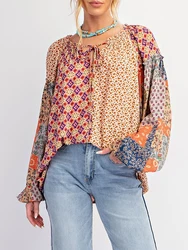 Women’s Floral Print Blouse Ethnic Style Long Sleeve Round Neck Tie-up Front Patchwork Boho Shirts Spring Fall Pullover Tops Y2K