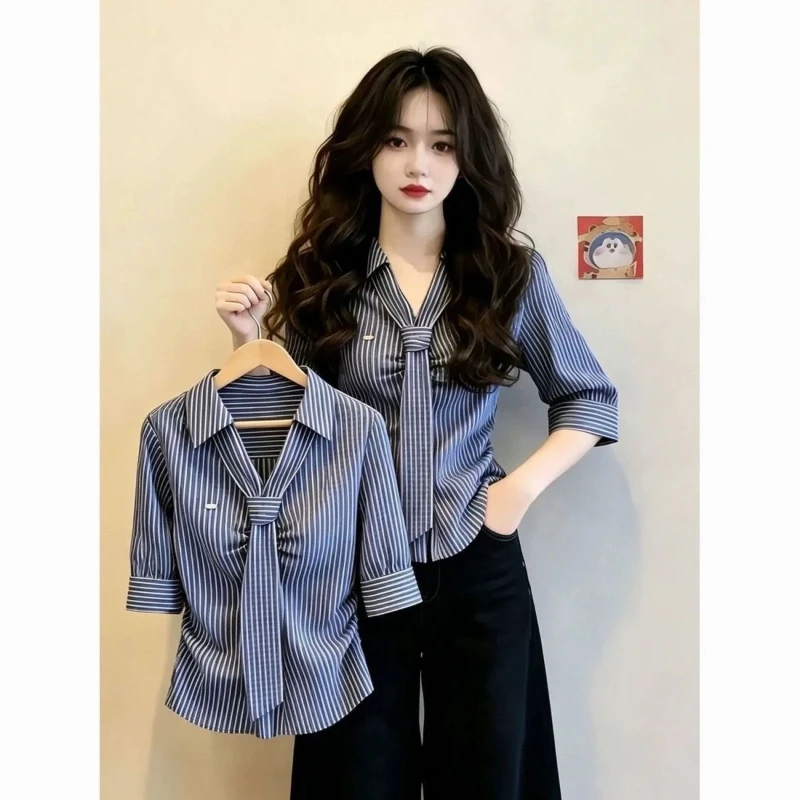 Polo Neck Lacing Short Sleeve Slim Striped Elegant Blouse Summer All-match Button Vintage Shirt Tops Korean Trend Women Clothing