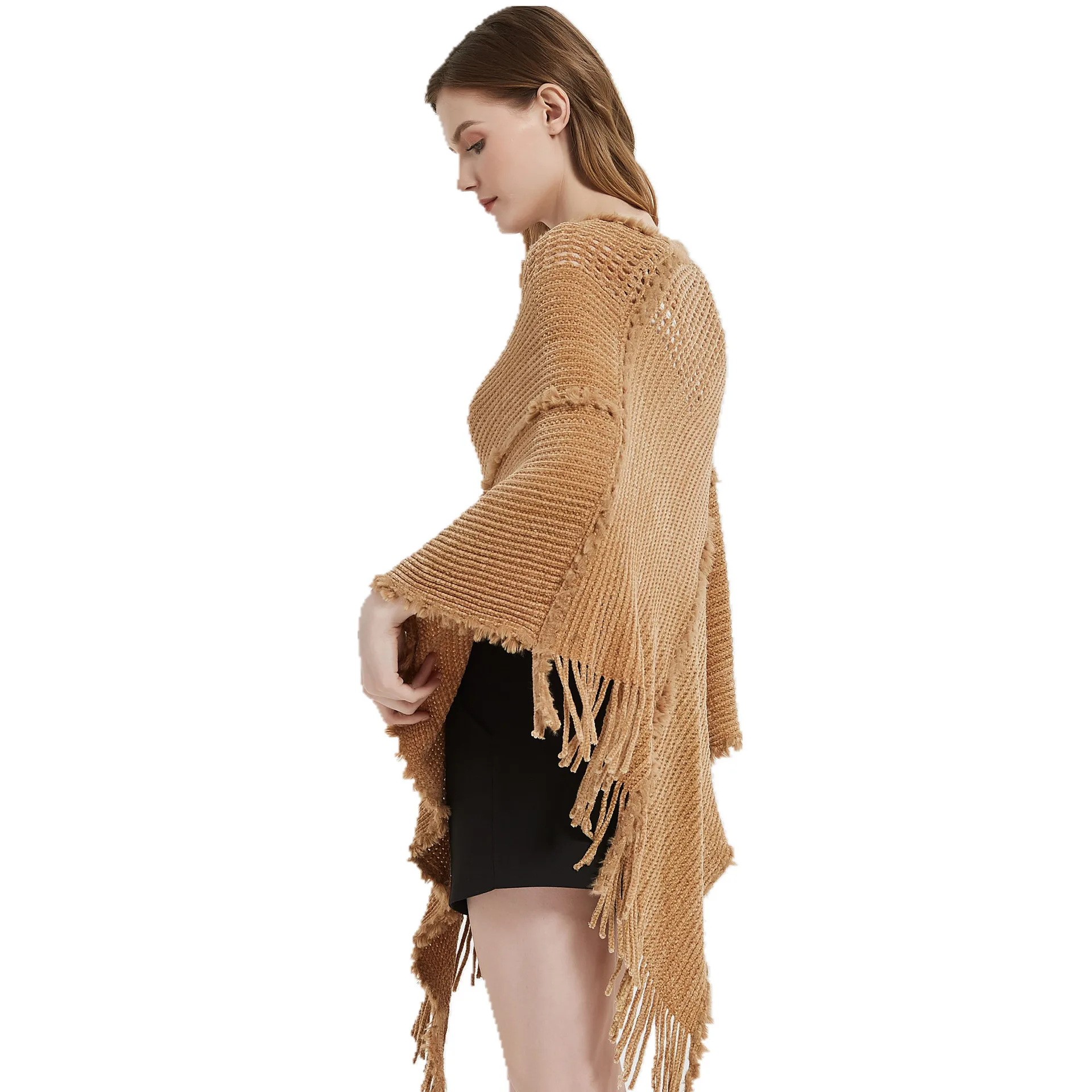 New Women Hollow Knitted Ponchos Fashion Winter Warm Shawls Wraps Ladies Batwing Sleeves Tassel Sweater Brand Female Scarf 2022