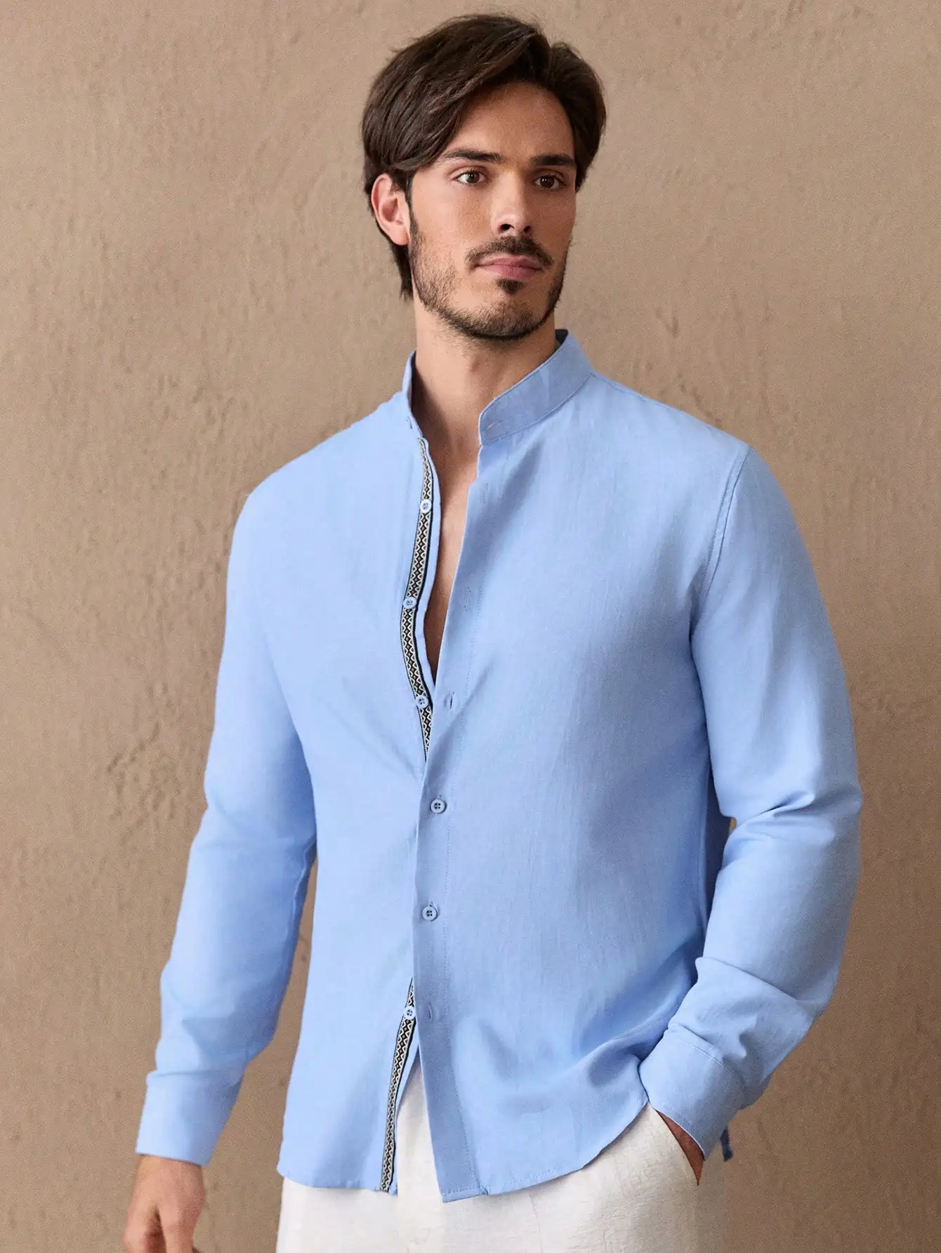 

Men's Light Blue Cotton Stand Collar Shirt with Geometric Trim, Long Sleeve Casual Top