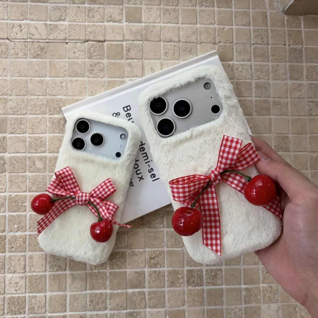 

3D Red Bowknot Cherry Plush Soft Phone Case For iPhone 13 15 16 17 14 Pro Max White Fluffy Fur Back Cover