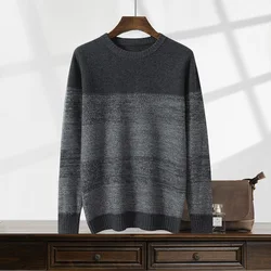 Autumn Winter New 100% Cashmere Thick Sweater Round Neck Knitted Pullover Fashionable Contrasting Color Men's Clothing Warm