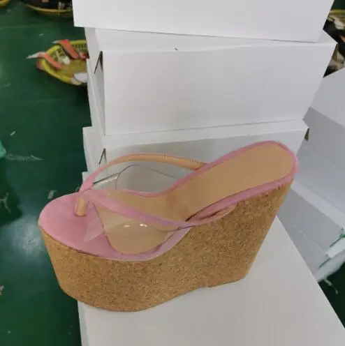 Fashion Women Transparent PVC Pink Leather Clip Toe 22 CM Wood Print Wedges Summer Sandals Female Platform Slip On Slippers