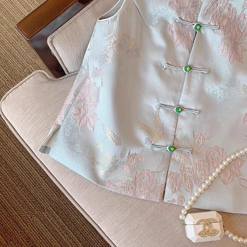 Retro Chinees Sle rond Ne Svel Vest ex Vroege herfst Faionable Layering Trendy Crop Top Plant Bloemenborduurwerk