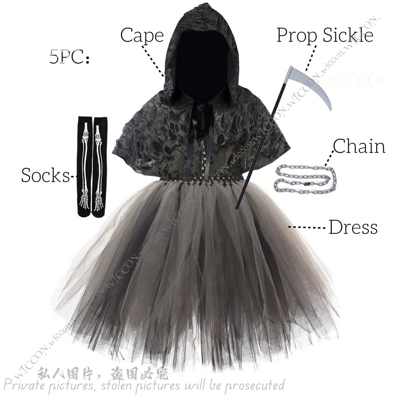 

Halloween Party Cosplay Children Girls Death Black Cloak Halloween Skull Skeleton Ball Costume Prop Set Death Cosplay Costume