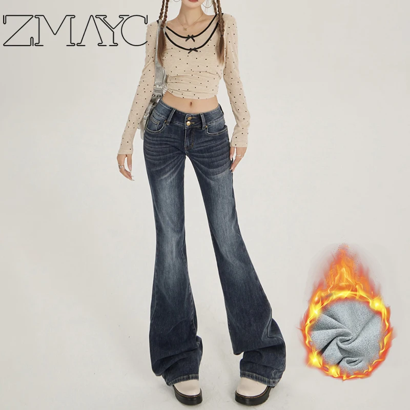 ZMAYC Vintage Low-Waisted Slimming Jeans Women's Fall/Winter Double-Buttoned Micro-Flared Fleece-Lined New Warm  Denim Trousers