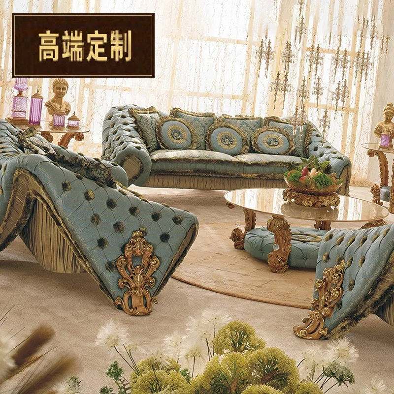 

European style solid wood carving living room sofa palace French luxury fabric sofa coffee table combination villa furniture cus