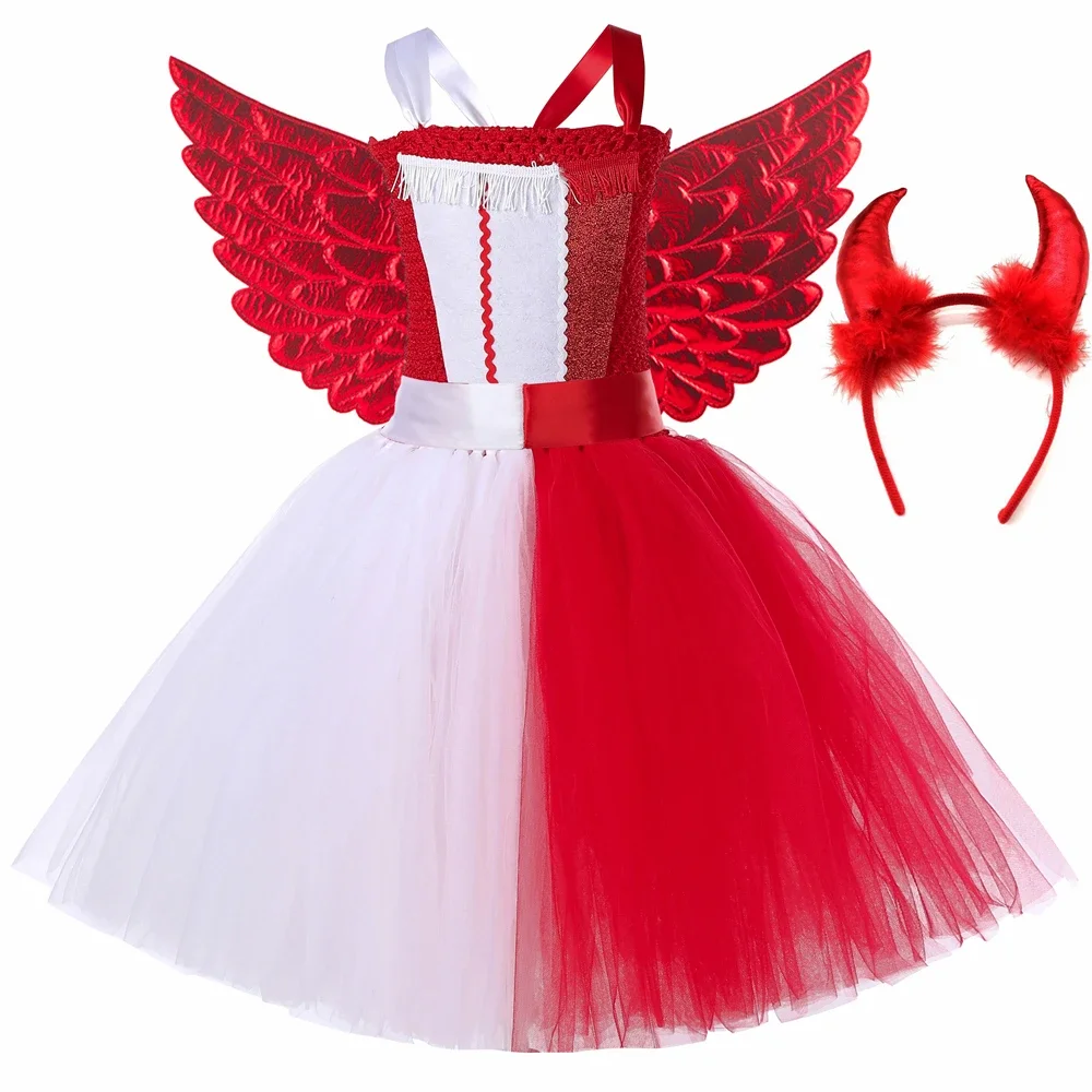 Demon Angel Costume for Girls Carnival Party Tutu Princess Dress Vestido Halloween Costume for Kids Cosplay Dresses with Wings