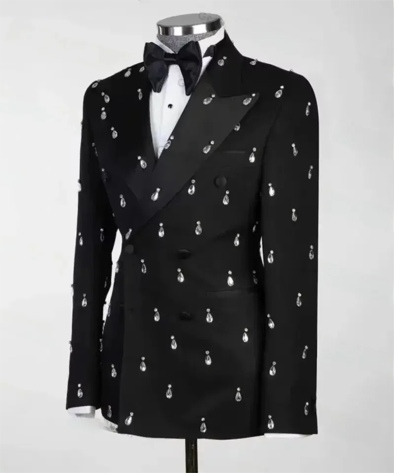Black Crystals Men Suits Set 2 Piece Blazer+Pant Double Breasted Wedding Tuxedos Customized Formal Male Party Jacket Pants