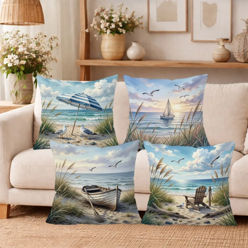 Four Piece Printed Beach Scenery Throw Pillow Covers Polyester Coastal Seaside Nautical Art Home Decor Accent Set