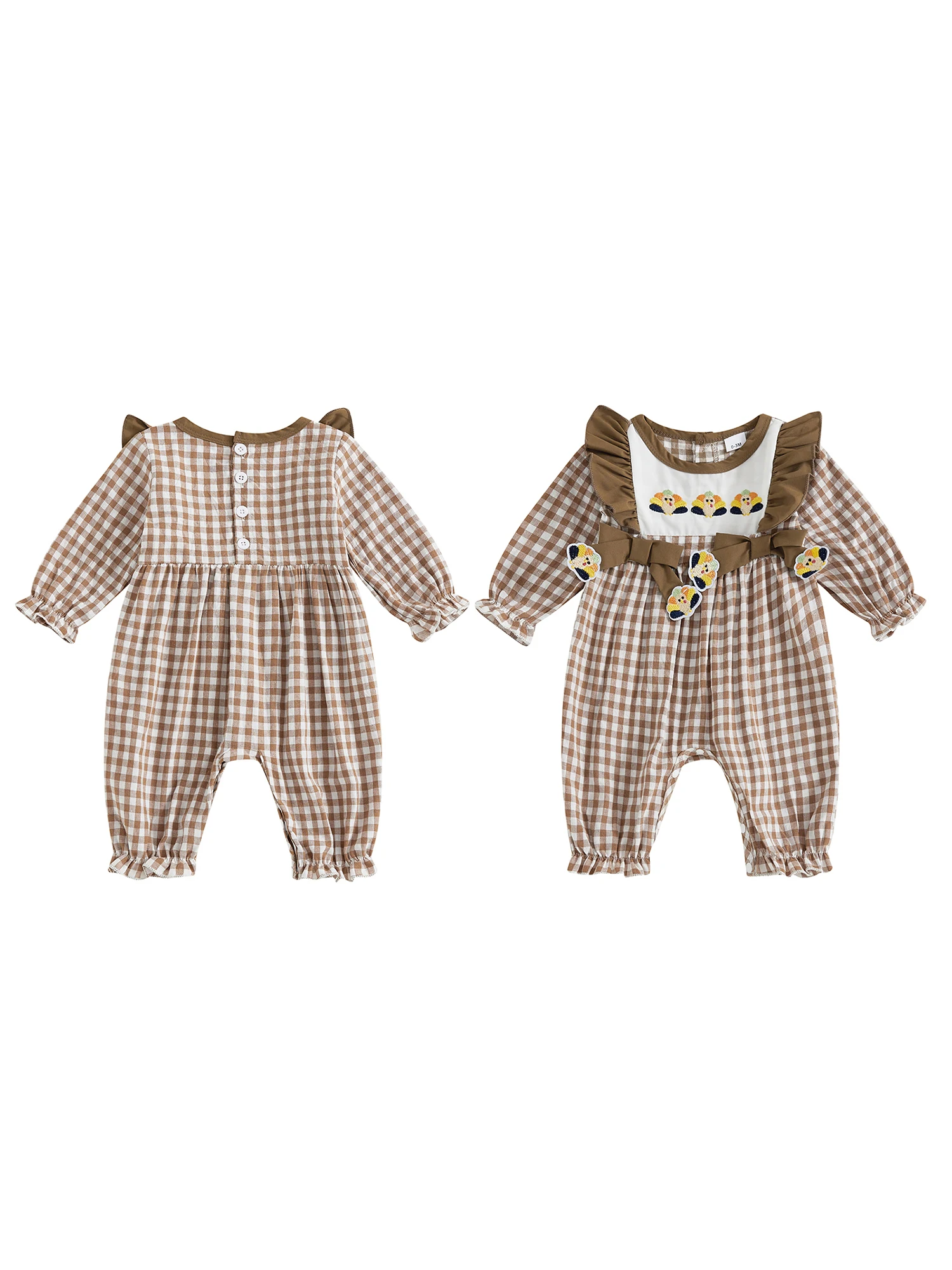 

Adorable Infant Girls Fall Plaid Romper with Festive Pumpkin and Turkey Embroidery Cozy Long Sleeve Jumpsuit for Thanksgiving