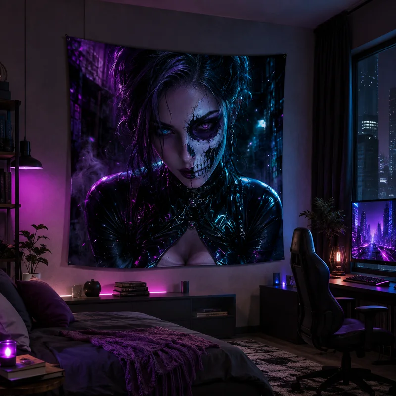 VIKAMA Cyberpunk Skeleton Girl Tapestry, Gothic Esoteric Print Wall Hanging, Trendy and Cool Esports Bedroom Decor