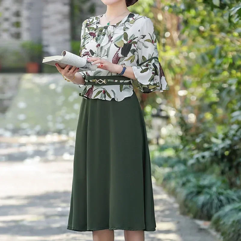 Vestido Floral de manga corta con cuello en V falso, dos piezas, cremallera empalmada, cordón, volantes, temperamento, verano, mediana edad, ancianos