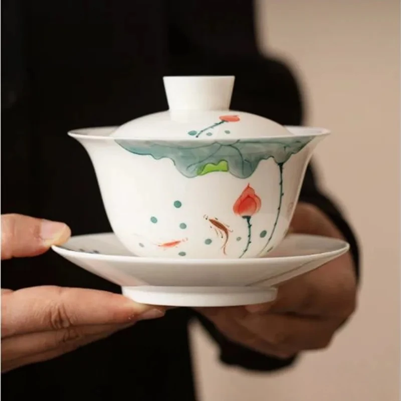 

Chinese White Porcelain Gaiwan Handmade Flower Pattern Ceramic Teacup Travel Portable Tea Bowl Household Tea Set Accessories