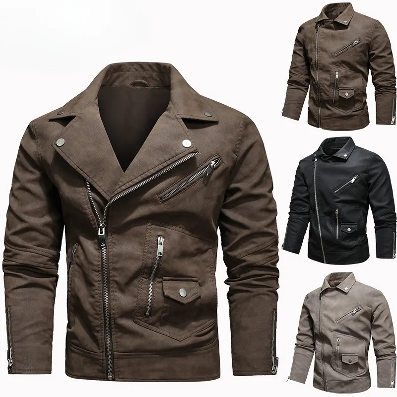 

Men's Faux PU Leather Jacket Black Biker Coat with Diagonal Zipper Big Lapel Euro Size Korean Style Trendy Outerwear Motorcycle