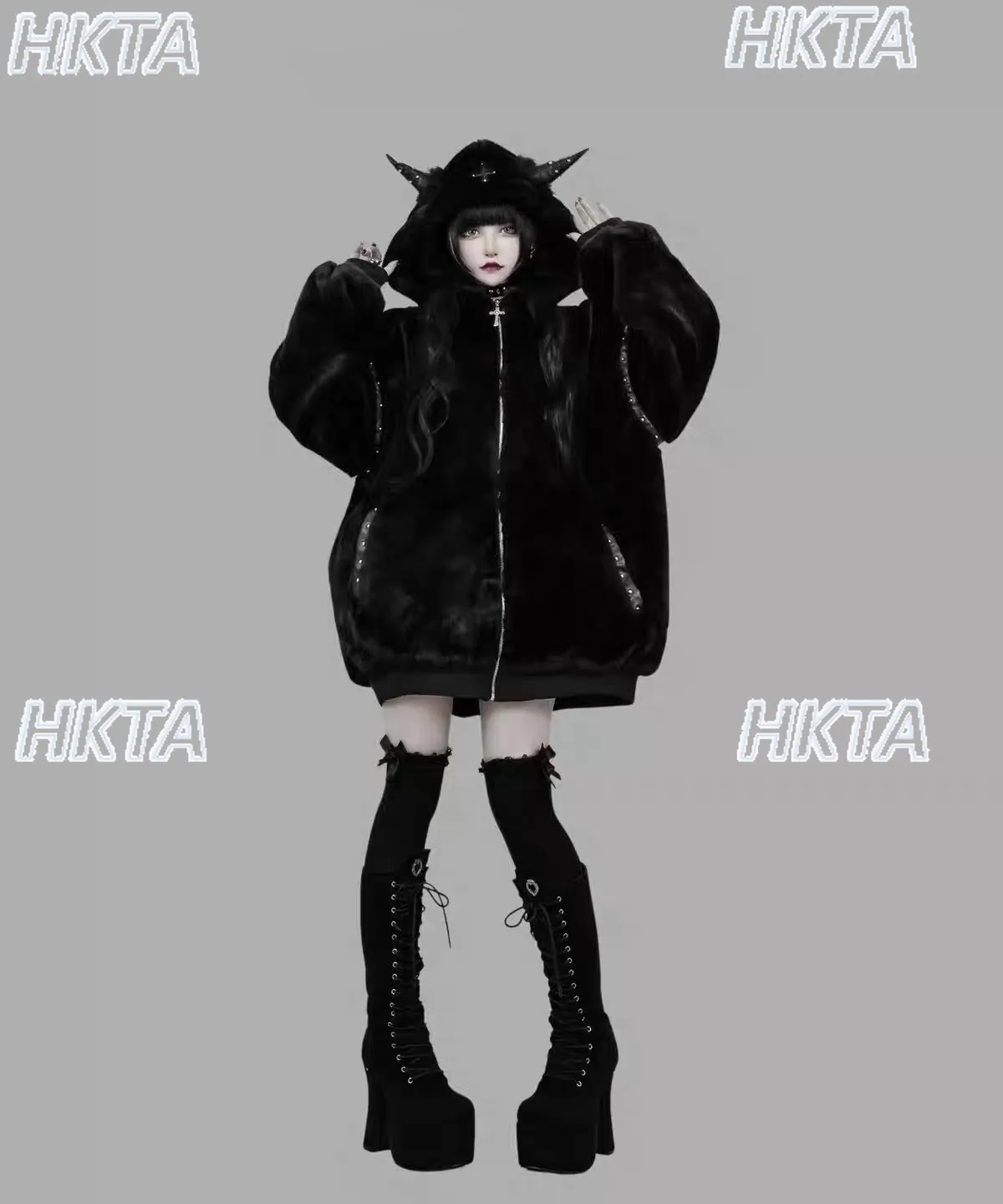 Japanese Goth Halloween Hooded Plush Jacket Autumn and Winter Subculture Women Dark Y2k Loose Oversized Warm Cardigan Fur Coat