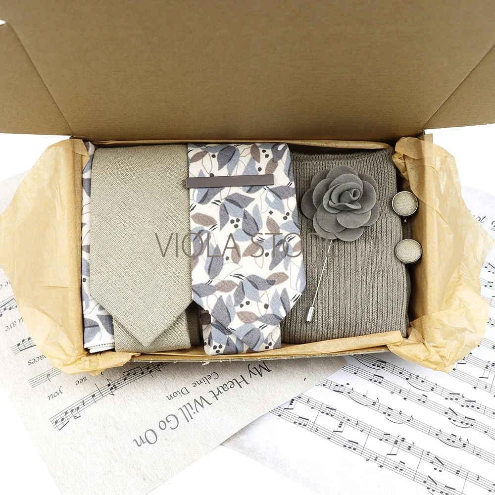 Viola Design Gift Box Cotton Sock&Tie Sets Clip Pin Cufflinks Hanky Solid Floral Pink Purple Men Wedding Party Cravat Accessory