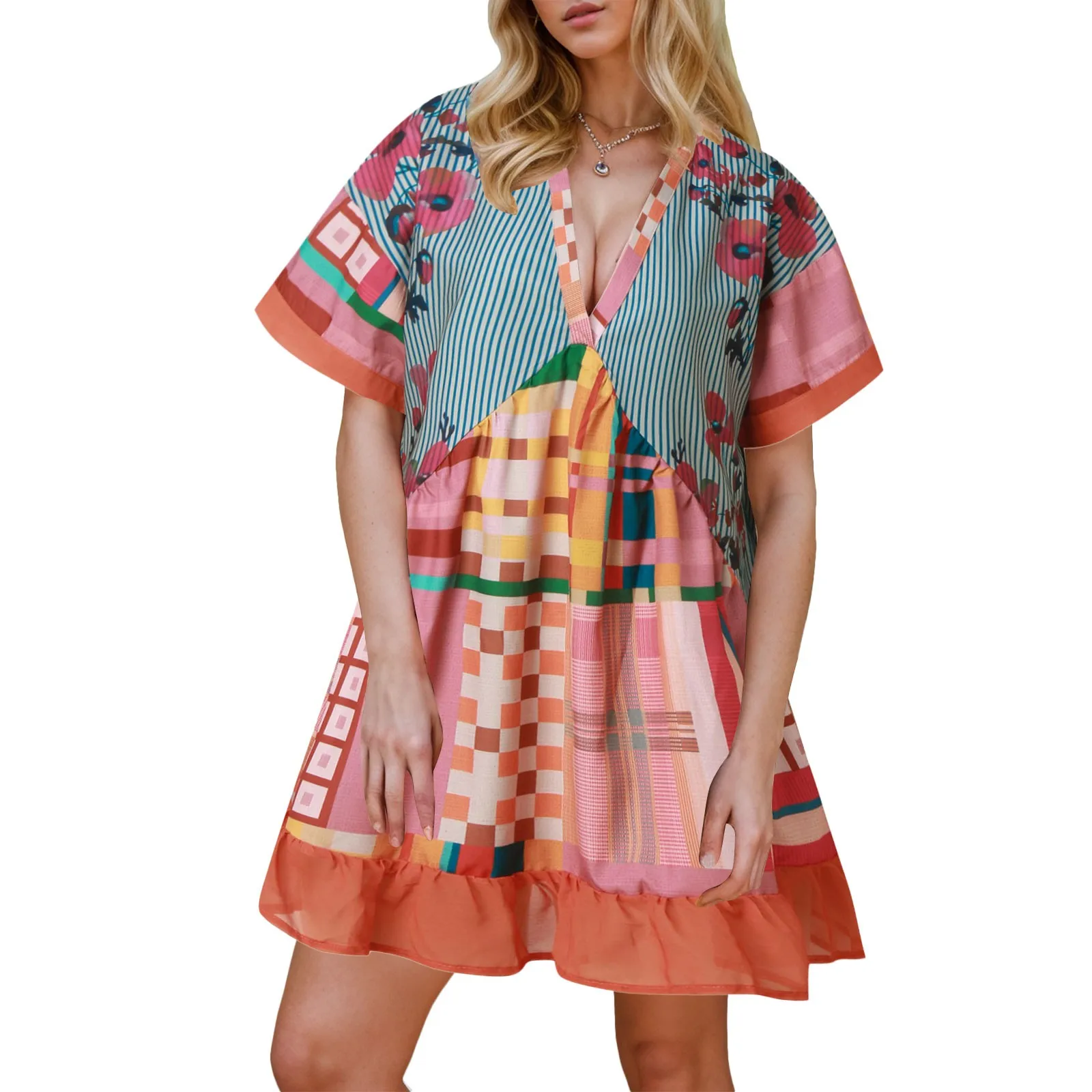 

Women Printed Mini Dresses Flowy Fit Ruffled Bottom Hem Oversized Relaxed V-neckline Short Sleeves Pieced Pleating Party Dress