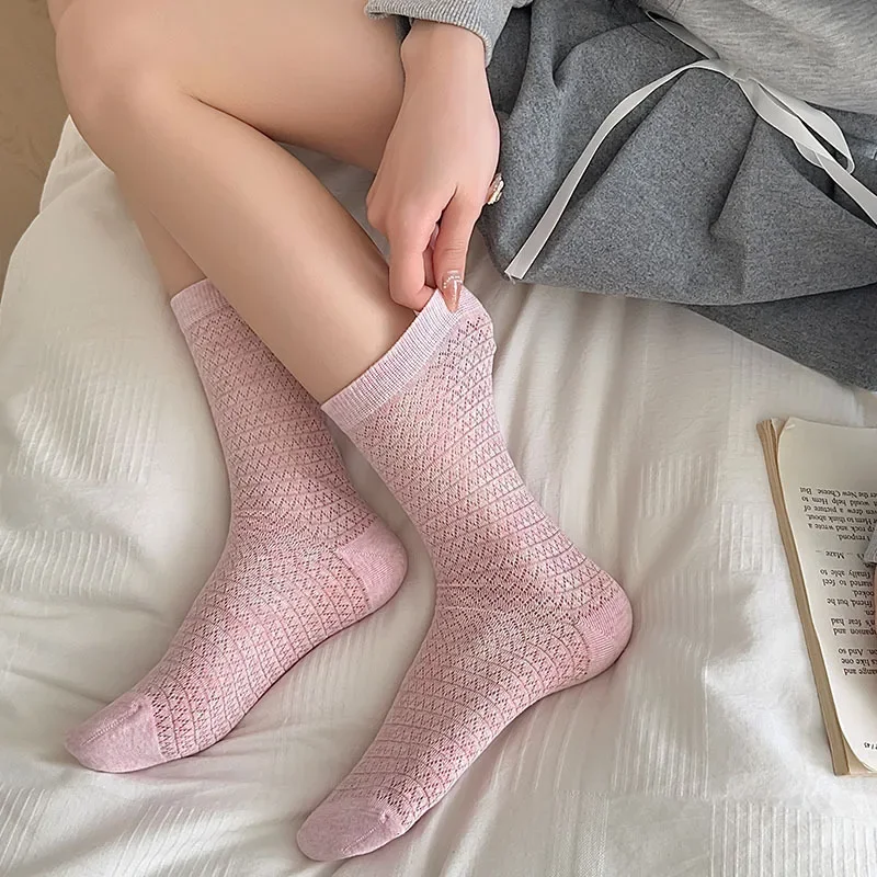 

Summer Hollow Out Women Socks Mesh Thin Breathable Loose Long Socks Korean Fashion Casual Solid Color Black White Gray Socks Sox