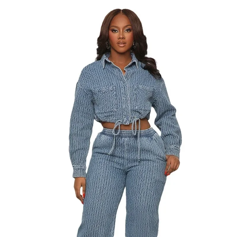 Pant Sets Draw String Turn Down Collar Denim Coat Tracksuit Single Breasted Jackets Wide Leg High Waist Jeans Loose Casual