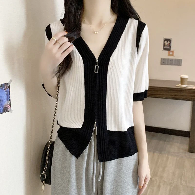 Summer New Korean Fashion Simple Patchwork Zipper Tees Ladies Short Sleeve Casual Cardigan Top Women Streetwear All-match T-shir