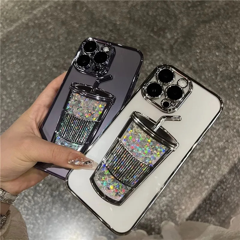 Glitter Liquid Quicksand Case Cup Cover for iPhone 13 14 15 Pro Max Shell Closed Camera Lens Protector Luxury Plating Soft Funda