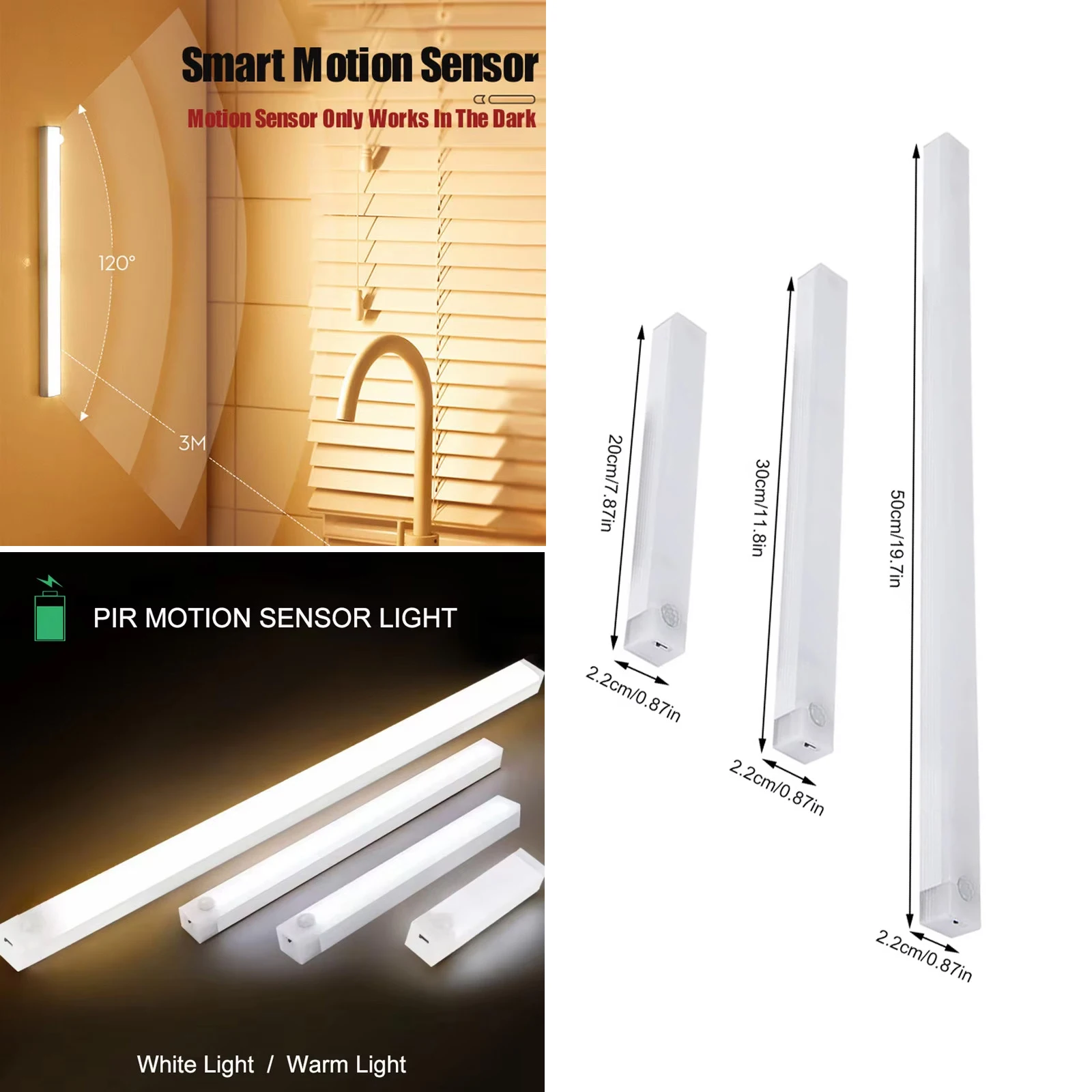 10CM-50CM PIR Motion Sensor LED Cabinet Lights USB Recharge 3000K/6000K Light Strip Desk Night LED Motion Sensor Bedside Lamp