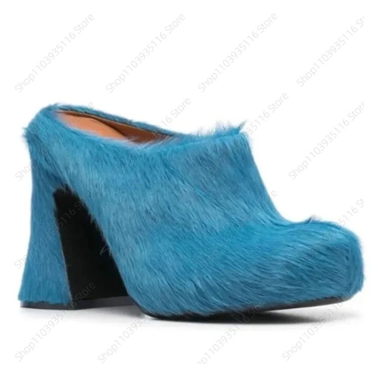 

2025 New Women's Thick Horse Hair High-heeled Slippers, Fashionable Thick Sole, Party Plush Slippers Spring Slippers