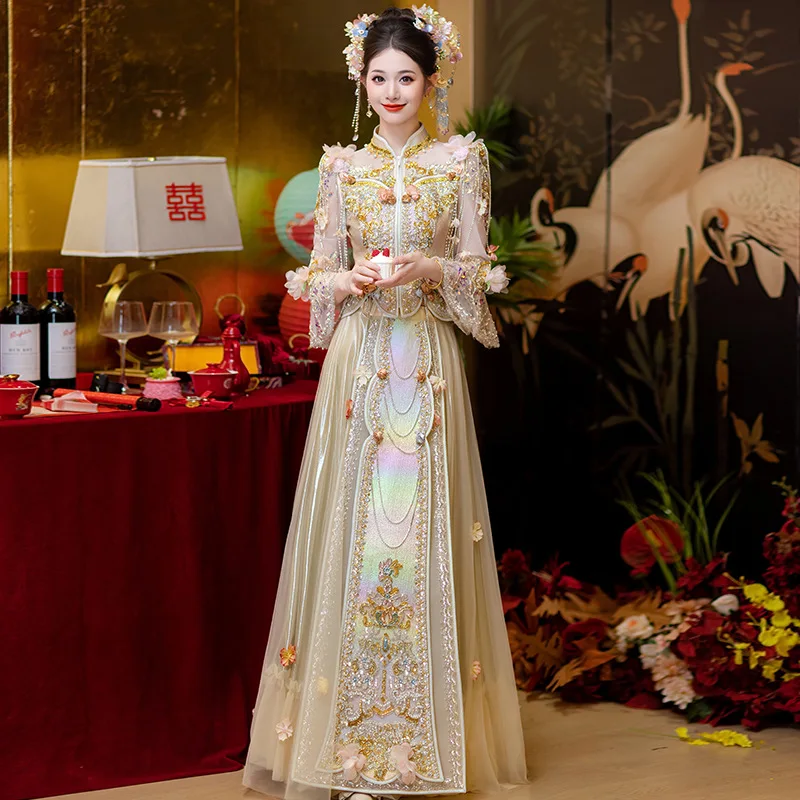High end Xiuhe Clothing Champagne Gold Bride 2025 New Chinese Wedding Dress Women's Dragon and Phoenix Wedding Dress