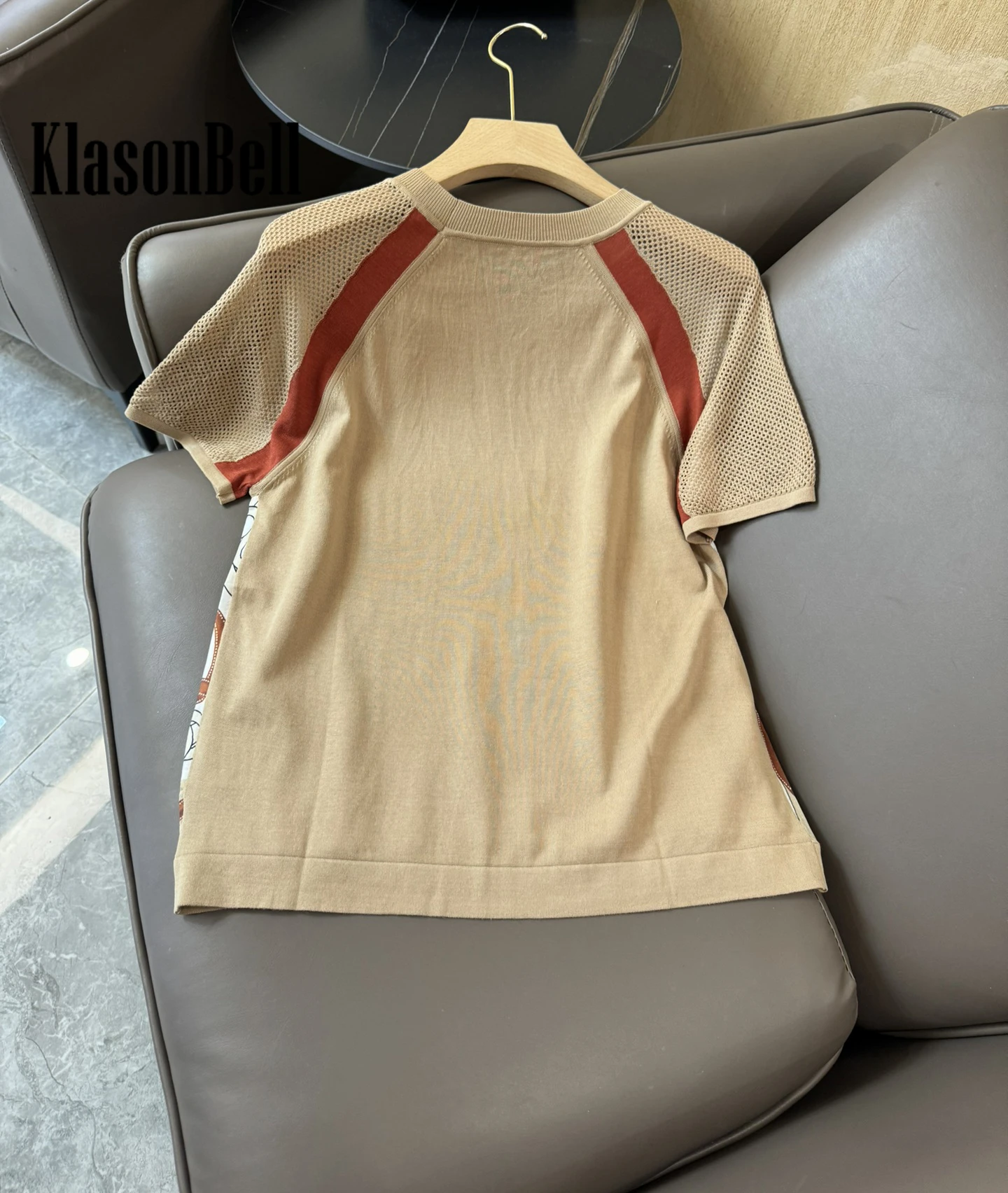 2.27 KlasonBell 2024 New Simple Comfortable Women Clothes Silk Chain Print Spliced Hollow Out Knit Cotton Short Sleeve T-Shirt